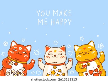 Greeting card with cute сartoon maneki neko on blue background - funny asian characters for Your kawaii design