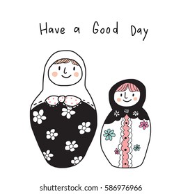 Greeting card with cute matryoshka dolls. Vector illustration with hand drawn style. 