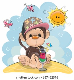 Greeting card Cute Monkey in a cap on the beach