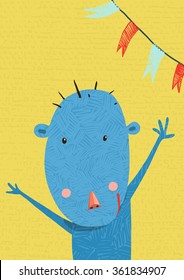 Greeting Card with Cute Monkey Character Cartoon. Monkey holiday or birthday design for kids. Cartoon ape wild cheerful child. Vector illustration