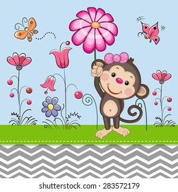 Greeting card Cute Monkey with a flower on a meadow
