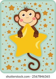 Greeting card with cute monkey flying holding a big star