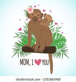 Greeting card with cute monkey mom with its baby on tropical background. Cartoon animal. Mothers day card. Design element for poster, banner, t-shirt print and other. Vector illustration.