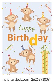 Greeting card with cute monkeys in party hats. Vector illustration for greeting card, poster, poster.