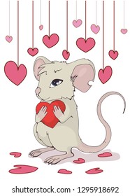 Greeting card . Cute mouse giving love and heart.