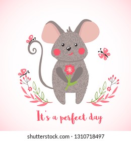 Greeting card with cute mouse in hand drawn style. Forest animal. Design element for poster, banner, t-shirt and other. Vector illustration.