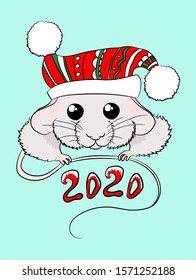 
Greeting card with a cute New Year's white rat in a hat, symbol of 2020