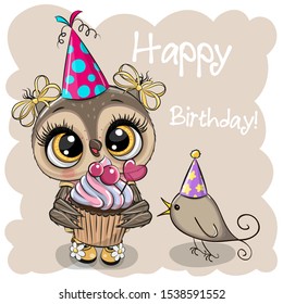 Greeting card cute Owl with cake and a bird on a beige background