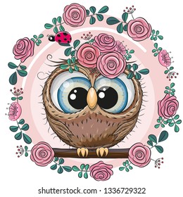 Greeting card Cute Owl with flowers