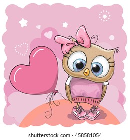 Greeting card Cute Owl girl with balloon