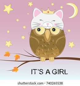 Greeting card cute owl princess sitting on a branch. Greeting card. Vector illustration.