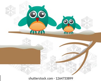 Greeting card with cute owls over branch covered with snow - Vector Illustration