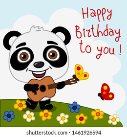 Greeting card - cute Panda bear playing guitar song Happy birthday to you