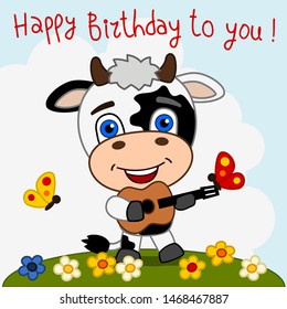 Greeting card - cute Panda bear playing guitar song Happy birthday to you