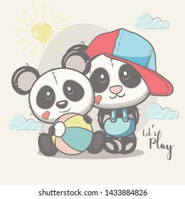  greeting card cute panda  best friends cartoon - vector