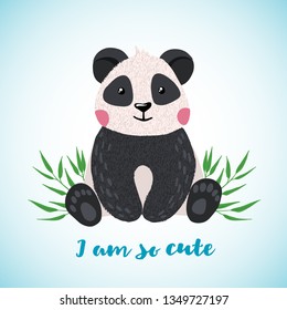 Greeting card with cute panda boy in hand drawn style. Cartoon animal. Design element for poster, banner, t-shirt and other. Vector illustration.
