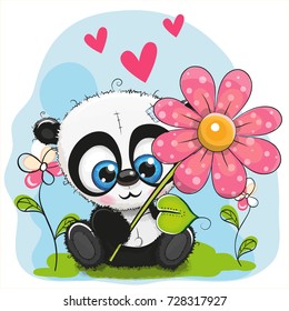 Greeting card cute Panda with flower and hearts