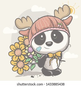  greeting card cute panda  with flowers cartoon - vector