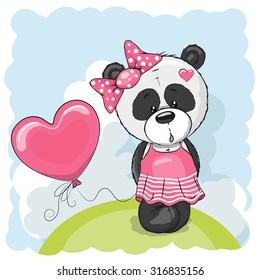 Greeting card Cute Panda girl with balloon on the meadow