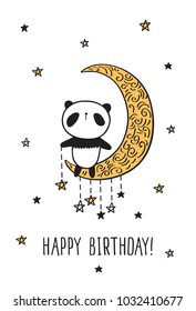Greeting card with cute panda, moon and stars. Happy birthday. Vector illustration.