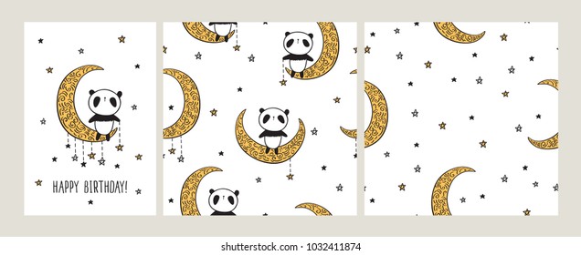 Greeting card with cute panda on the golden moon and stars. Seamless pattern for textile, wallpapers, gift wrap. Vector.