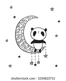 Greeting card with cute panda on a moon and stars. Black and white. Vector illustration.