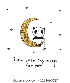 Greeting card with cute panda on the gold moon for Valentine's Day, Mother's Day, Father's Day, birthday, wedding. Vector illustration.