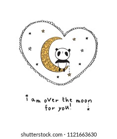 Greeting card with cute panda on the moon and heart for Valentine's Day, Mother's Day, Father's Day, birthday, wedding. Vector illustration.