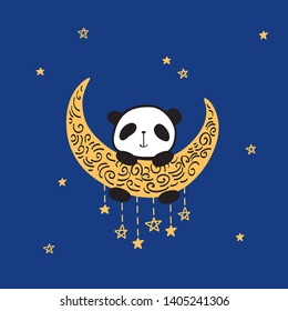 Greeting card with cute panda on the gold moon for birthday, Valentine's Day, Mother's Day, wedding. Dark blue background with stars. Vector.