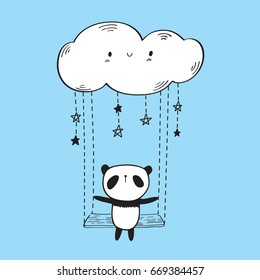 Greeting card with cute panda on the swing. Hand drawn illustration for your design. Blue background. Vector.