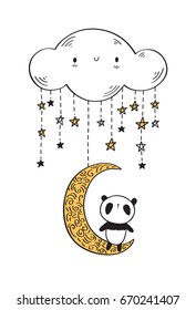 Greeting card with cute panda on the golden moon. Hand drawn illustration for your design. Vector.