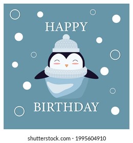 Greeting card with cute penguin in hat and scarf