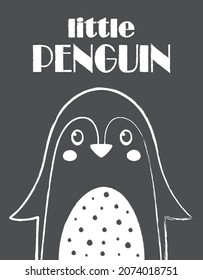 greeting card of cute penguin and lettering isolated on dark background, simple flat design in outline