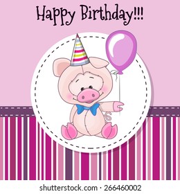 Greeting card Cute Pig with balloon and bonnet 