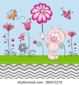 Greeting card Cute Pig with a flower on a meadow
