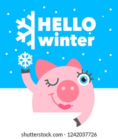 Greeting card with cute pig. Hello winter. Vector illustration.