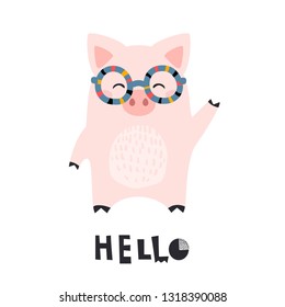 Greeting card with cute piglet. Kid print with lettering - HELLO. Vector illustration.