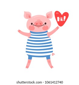 Greeting card with cute piglet. Sweet pig says hi. Vector illustration.