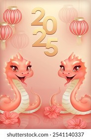 Greeting card with cute pink 3d cheerful snake characters representing 2025 Lunar New Year of the Snake surrounded by traditional Chinese lanterns and plum blossoms on beige background.