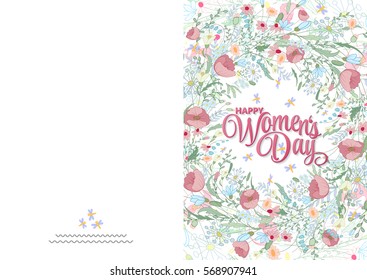 Greeting Card With Cute Pink Little Flowers. 8 March - Women's Day. Ready To Print Card