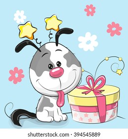 Greeting card cute Puppy with gift on a pink background