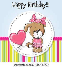 Greeting card cute puppy girl with balloon and bow
