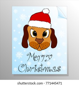 Greeting card with cute puppy in red hat and inscription Merry Christmas 