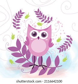 Greeting card with cute purple owl cartoon illustration