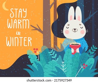 Greeting Card with Cute Rabbit. Bunny with a Cup in Winter Forest at Night. Stay Warm in Winter