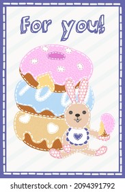 A greeting card. Cute rabbit and donuts in patchwork technique. Cartoon. Print for printing on fabric, posters.