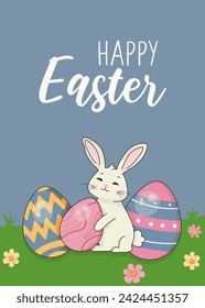 Greeting card with Cute rabbit with flowers and eggs on green garden. Congratulations and gifts for Easter