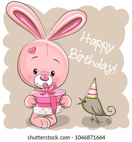 Greeting card cute Rabbit with gift and a bird on a white background