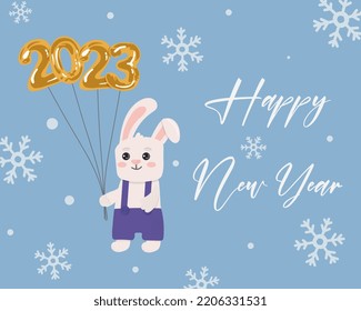 Greeting card with cute rabbit with golden balloons 2023 isolated on blue background. Illustration for posters, greeting cards and seasonal design.