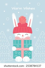 Greeting card with cute rabbit holding giving box. Hand drawn illustration with happy rabbit, gift, snow and Warm wishes for New Year poster or card design.